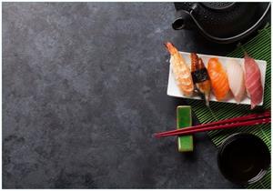 Wallario Vliestapete »Sushimenu auf Schiefer - Nigiri mit grünem Tee«, Seidenmatte Oberfläche, hochwertiger Digitaldruck, in verschiedenen Größen erhältlich