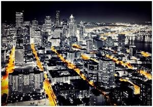 Wallario Vliestapete »Großstadt bei Nacht - Seattle in schwarz weiß gelb«, Seidenmatte Oberfläche, hochwertiger Digitaldruck, in verschiedenen Größen erhäl