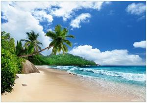 Wallario Vliestapete »Urlaub auf den Seychellen unter Palmen am Sandstrand«, Seidenmatte Oberfläche, hochwertiger Digitaldruck, in verschiedenen Größen erhältlich