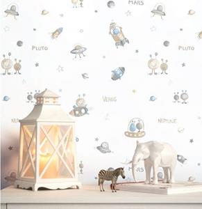 Newroom Papiertapete, Beige Tapete Kinder Planeten - Kindertapete Babytapete Blau Weiß Niedlich Modern Weltall Ufos für Babyzimmer Kinderzimmer Jugendzimmer