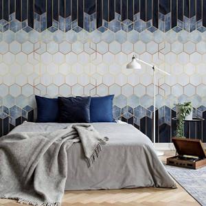 K&L WALL ART Fototapete »Große Fototapete XXL Art Deco Vliestapete Hexagon Gold Smoky Blau Weiß«, Wohnzimmer Wandschutz modern
