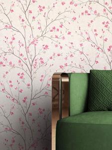 Newroom Vliestapete, Pink Tapete Floral Blumen - Blumentapete Blätter Creme Grau Tropisch Asiatisch Kirschblüte Bäume für Wohnzimmer Schlafzimmer Küche