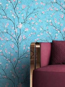 Newroom Vliestapete, Blau Tapete Floral Blumen - Blumentapete Blätter Rosa Tropisch Asiatisch Kirschblüte Bäume für Wohnzimmer Schlafzimmer Küche