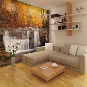 KUNSTLOFT Vliestapete »Autumn landscape : waterfall in forest«, lichtbeständige Design Tapete