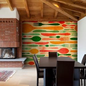 KUNSTLOFT Vliestapete »Besteck - Orange und Grün«, lichtbeständige Design Tapete