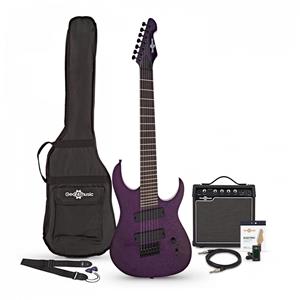 Gear4Music Harlem S 7-String Fanned Fret Guitar + 15W Amp Pack Purple Sparkle