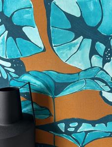 Newroom Vliestapete, Braun Tapete Floral Blätter - Blumentapete Mustertapete Blau Petrol Asiatisch 3D Optik Lotusblätter Natur für Schlafzimmer Wohnzimmer Küche