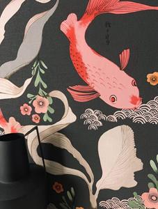 Newroom Vliestapete, Schwarz Tapete Asiatisch Fische - Mustertapete Fische Korallenrot Creme Exotisch Tiere Karpfen Asiatisch für Wohnzimmer Schlafzimmer Küche