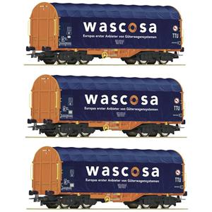 Roco 76009 H0 3-delige set schuifplanwagens van de Wascosa