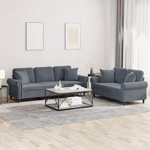 vidaXL Sofa 2-tlg. Sofagarnitur mit Kissen Dunkelgrau Samt