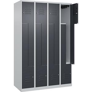 C+P Z-kledingkast Classic PLUS, 4 compartimenten, lichtgrijs / grijs, b = 1200 mm, met voetdoppen, cilinderslot