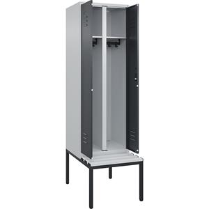 C+P Zwart-witte kledingkast Classic PLUS met zitbank, 1 compartiment, lichtgrijs / grijs, b = 600 mm, cilinderslot, ondergebouwd, kunststof