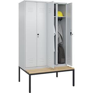 C+P Zwart-witte kledingkast Classic PLUS met zitbank, 2 compartimenten, lichtgrijs, b = 1200 mm, veiligheidsdraaigrendel, ondergebouwd, beuken-hardhout