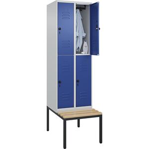 C+P Kledingkast Classic PLUS met twee verdiepingen en zitbank, 2 compartimenten, lichtgrijs / gentiaanblauw, b = 600 mm, veiligheidsdraaigrendel, ondergebouwd, beuken-hardhout