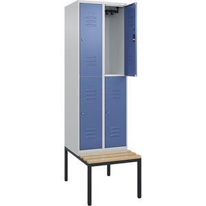 C+P Kledingkast Classic PLUS met twee verdiepingen en zitbank, 2 compartimenten, lichtgrijs / verblauw, b = 600 mm, cilinderslot, ondergebouwd, beuken-hardhout