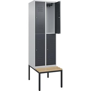 C+P Kledingkast Classic PLUS met twee verdiepingen en zitbank, 2 compartimenten, lichtgrijs / grijs, b = 600 mm, cilinderslot, ondergebouwd, beuken-hardhout