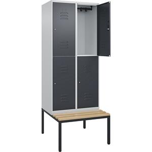 C+P Kledingkast Classic PLUS met twee verdiepingen en zitbank, 2 compartimenten, lichtgrijs / grijs, b = 800 mm, cilinderslot, ondergebouwd, beuken-hardhout