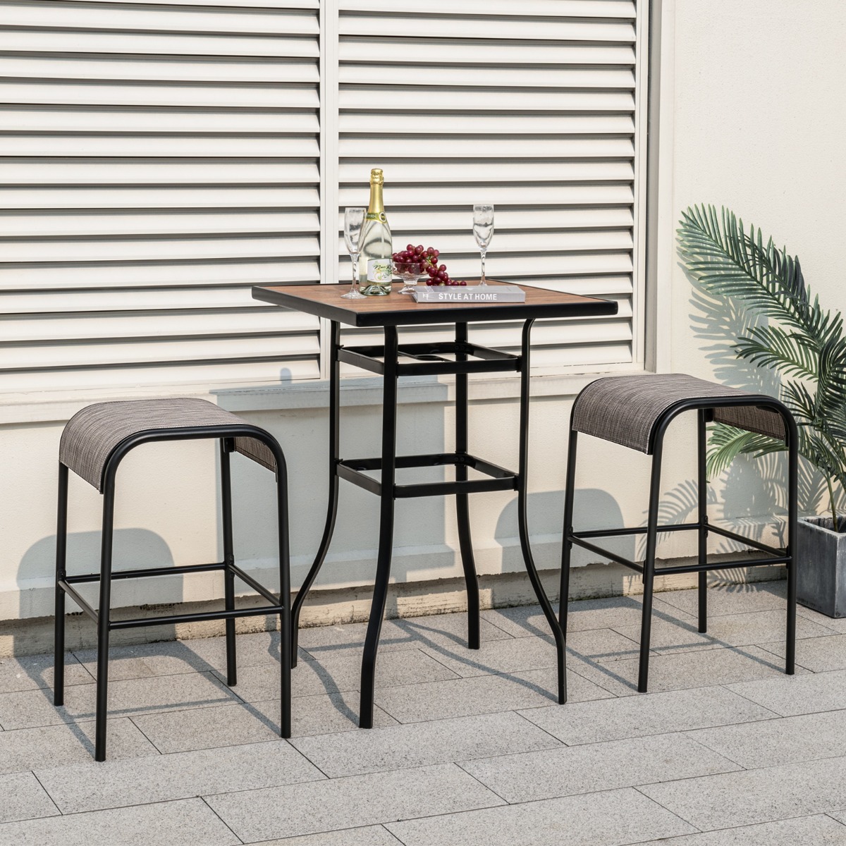 Costway Patio-barkrukken Set van 2 Metalen Bistrokrukken met Gebogen Stoffen Zitting Stevig Metalen Frame Barstoelen Zonder Rugleuning