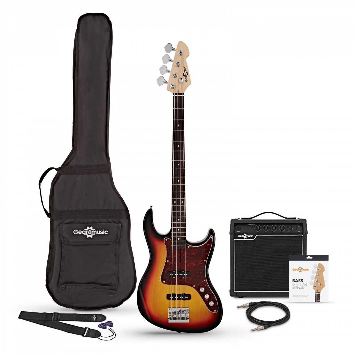 Gear4Music LA II Basgitaar + Tweed 15 W Versterkerpakket Sunburst