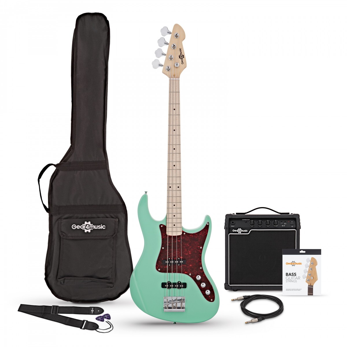 Gear4Music LA II Basgitaar + Tweed 15 W Versterkerpakket Seafoam Green