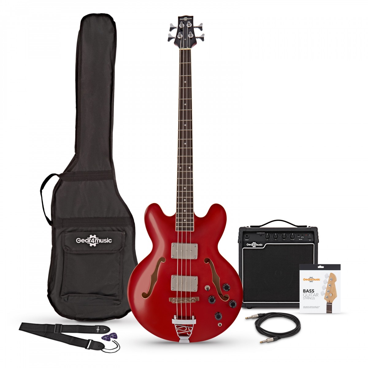 Gear4Music San Francisco Semi-akoestische Basgitaar + SubZero V15B Versterkerpakket Wine Red