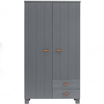 Woood Dennis Kast Met Laden - Grenen|Leer - Staal Grijs - 202x111x55