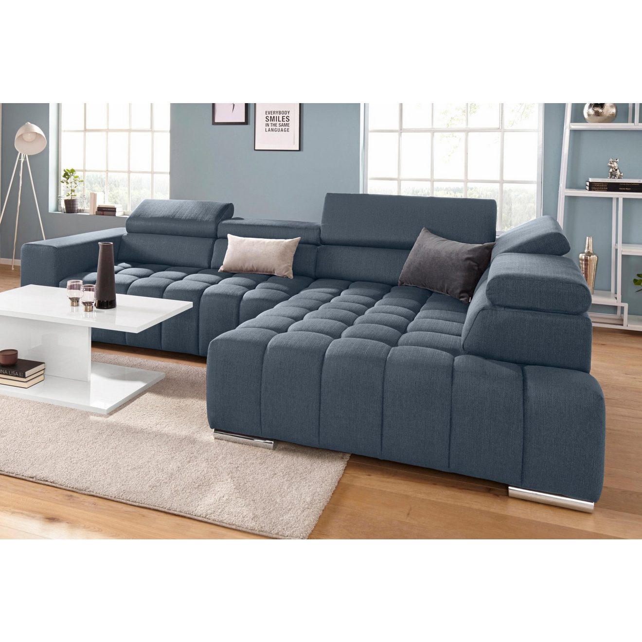 Exxpo - sofa fashion Hoekbank Elias, actuele kruissteek in de zitting, comfortabel, L-vorm met verstelbare hoofdsteun resp. rugleuning, naar keuze met slaapfunctie