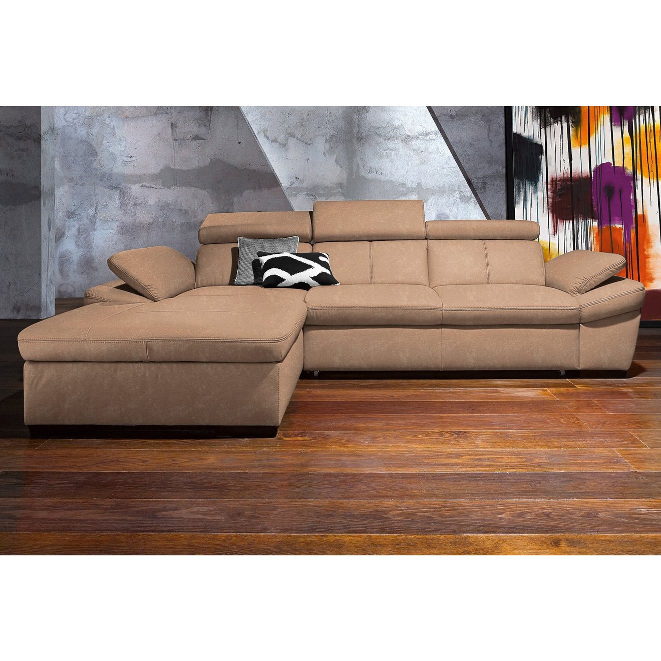 Exxpo - sofa fashion Hoekbank Salerno, klassieke moderne functionele bank, hoog zitcomfort, L-vorm inclusief verstelbare hoofdsteun en armleuning, naar keuze met slaapfunctie