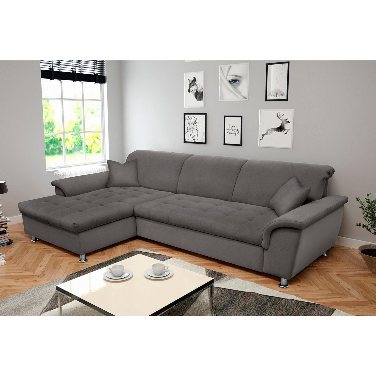 DOMO collection Hoekbank Franzi stiksels op de zitting B7T/H: 278x162x80 cm, L-model naar keuze met slaapfunctie, bedkist en verstelbare hoofdsteun