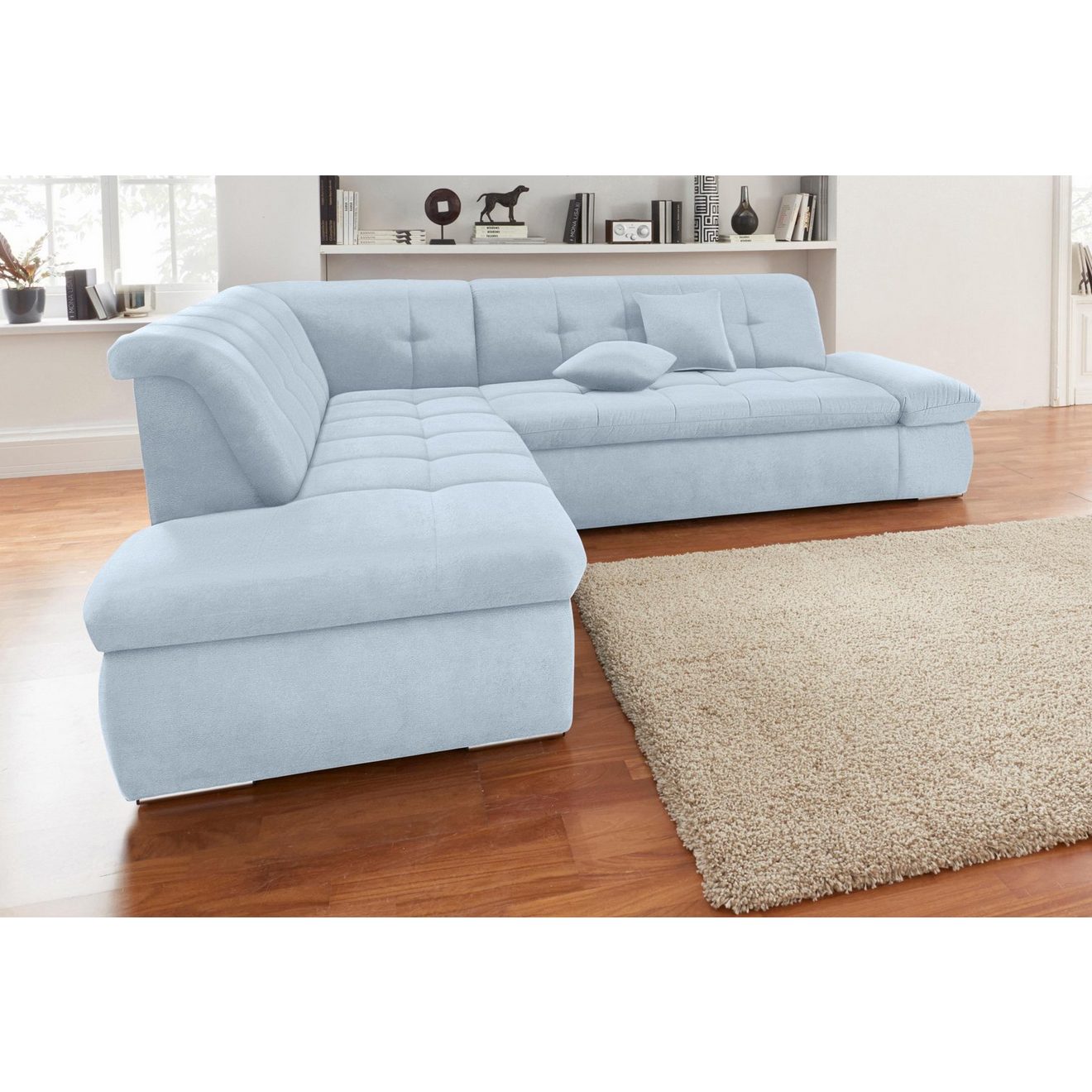 DOMO collection Hoekbank NMoric incl. decoratiekussen B/D/H: 273/216/80 cm L-vorm Ottoman aan uiteinde, optioneel met slaapbank functie en verstelling armleuning