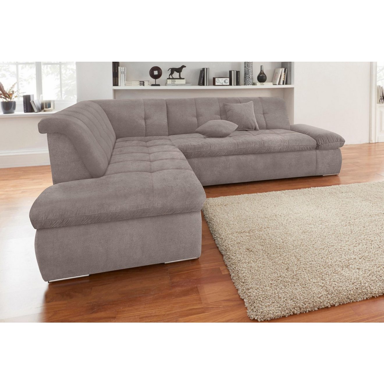 DOMO collection Hoekbank NMoric incl. decoratiekussen B/D/H: 273/216/80 cm L-vorm Ottoman aan uiteinde, optioneel met slaapbank functie en verstelling armleuning