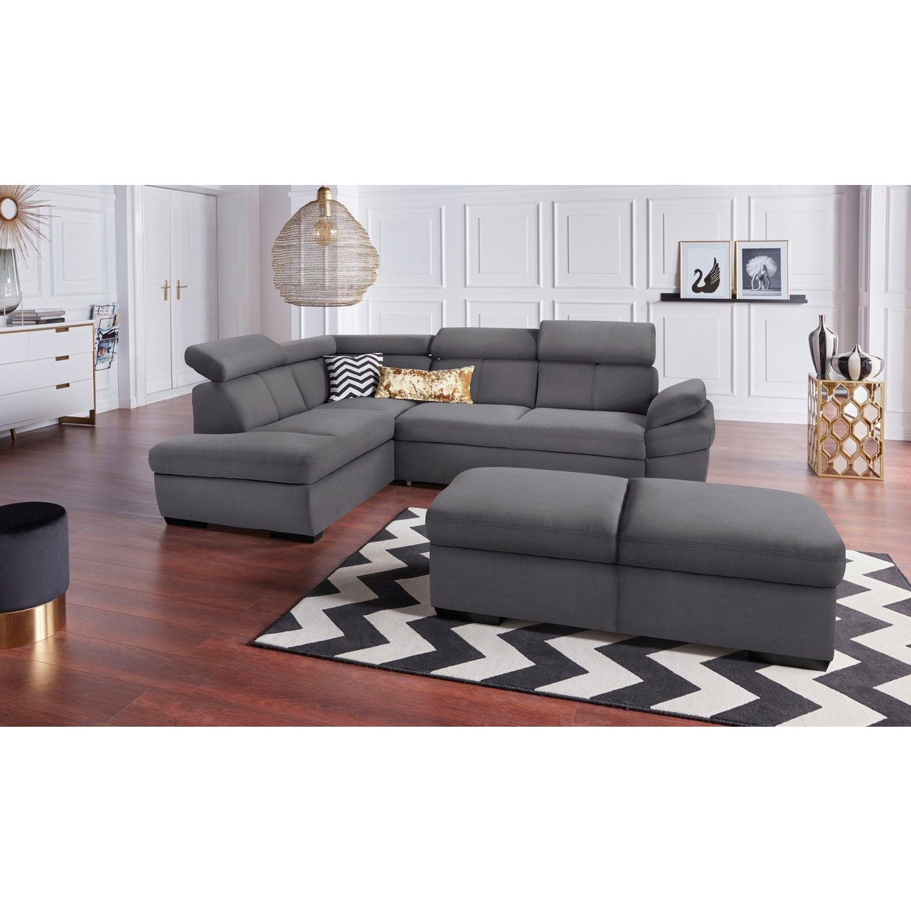 Exxpo - sofa fashion Hoekbank Salerno, klassieke moderne functionele bank, hoog zitcomfort, L-vorm inclusief verstelbare hoofdsteun en armleuning, naar keuze met slaapfunctie