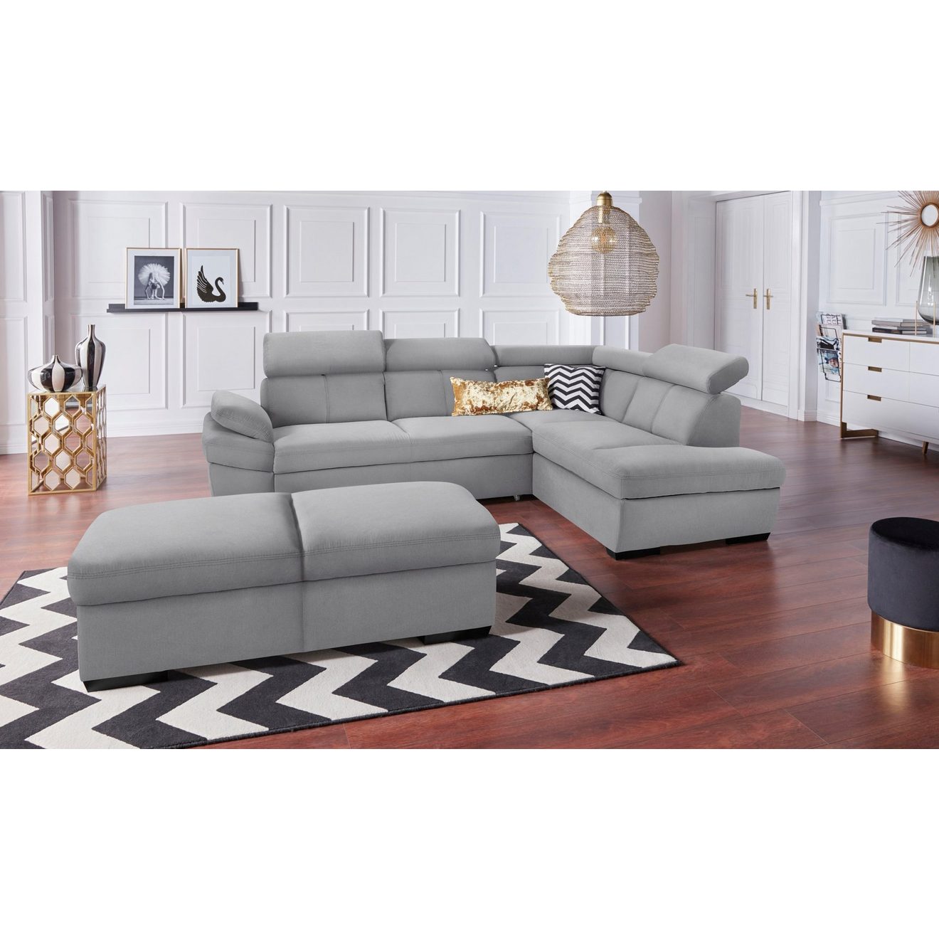 Exxpo - sofa fashion Hoekbank Salerno, klassieke moderne functionele bank, hoog zitcomfort, L-vorm inclusief verstelbare hoofdsteun en armleuning, naar keuze met slaapfunctie