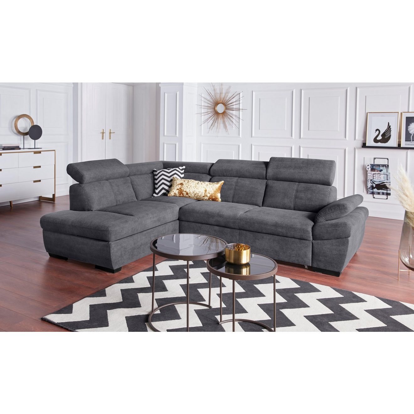 Exxpo - sofa fashion Hoekbank Salerno, klassieke moderne functionele bank, hoog zitcomfort, L-vorm inclusief verstelbare hoofdsteun en armleuning, naar keuze met slaapfunctie