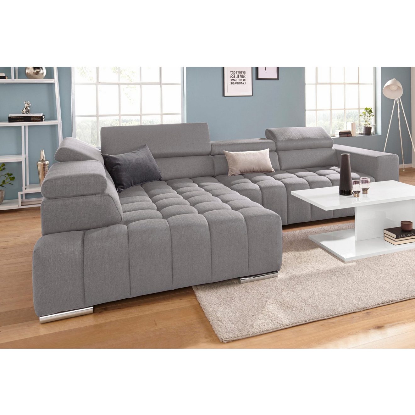 Exxpo - sofa fashion Hoekbank Elias, actuele kruissteek in de zitting, comfortabel, L-vorm met verstelbare hoofdsteun resp. rugleuning, naar keuze met slaapfunctie