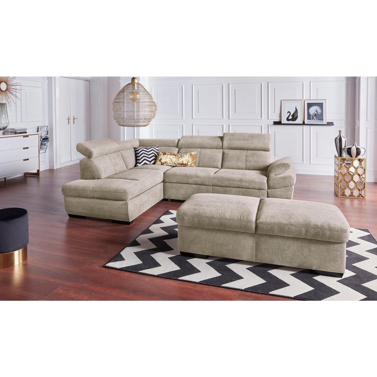 Exxpo - sofa fashion Hoekbank Salerno, klassieke moderne functionele bank, hoog zitcomfort, L-vorm inclusief verstelbare hoofdsteun en armleuning, naar keuze met slaapfunctie