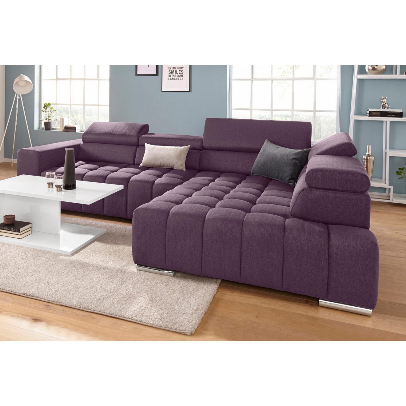 Exxpo - sofa fashion Hoekbank Elias, actuele kruissteek in de zitting, comfortabel, L-vorm met verstelbare hoofdsteun resp. rugleuning, naar keuze met slaapfunctie