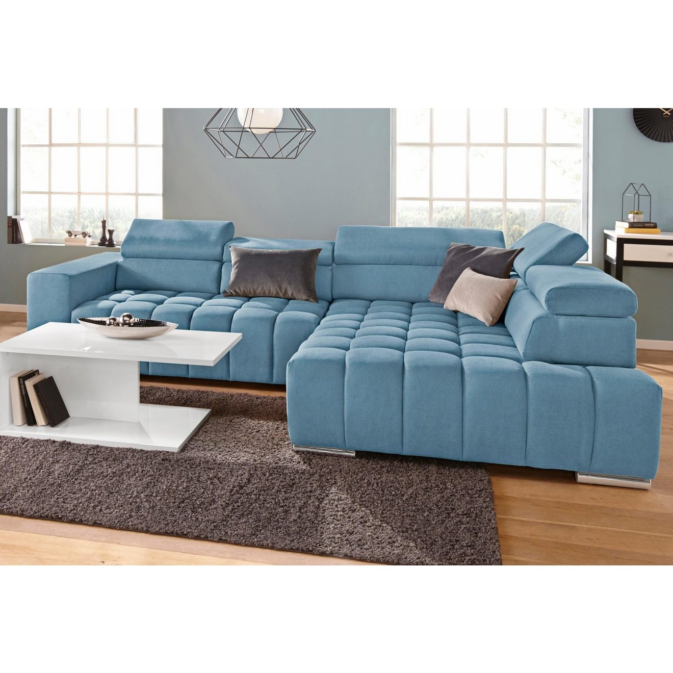 Exxpo - sofa fashion Hoekbank Elias, actuele kruissteek in de zitting, comfortabel, L-vorm met verstelbare hoofdsteun resp. rugleuning, naar keuze met slaapfunctie