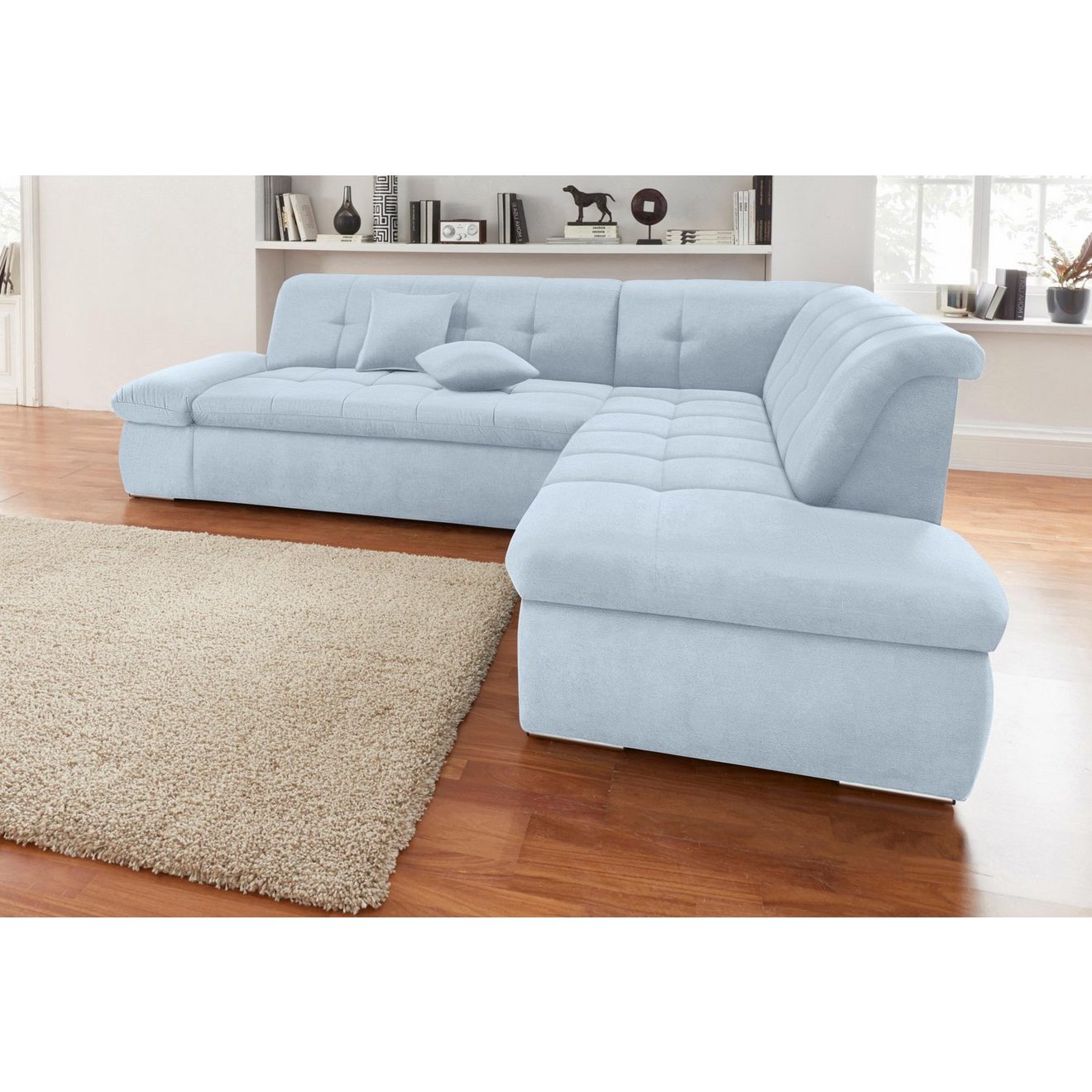 DOMO collection Hoekbank NMoric incl. decoratiekussen B/D/H: 273/216/80 cm L-vorm Ottoman aan uiteinde, optioneel met slaapbank functie en verstelling armleuning