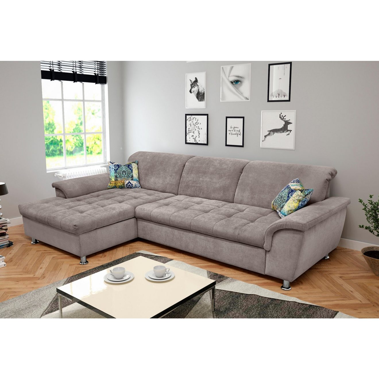 DOMO collection Hoekbank Franzi stiksels op de zitting B7T/H: 278x162x80 cm, L-model naar keuze met slaapfunctie, bedkist en verstelbare hoofdsteun