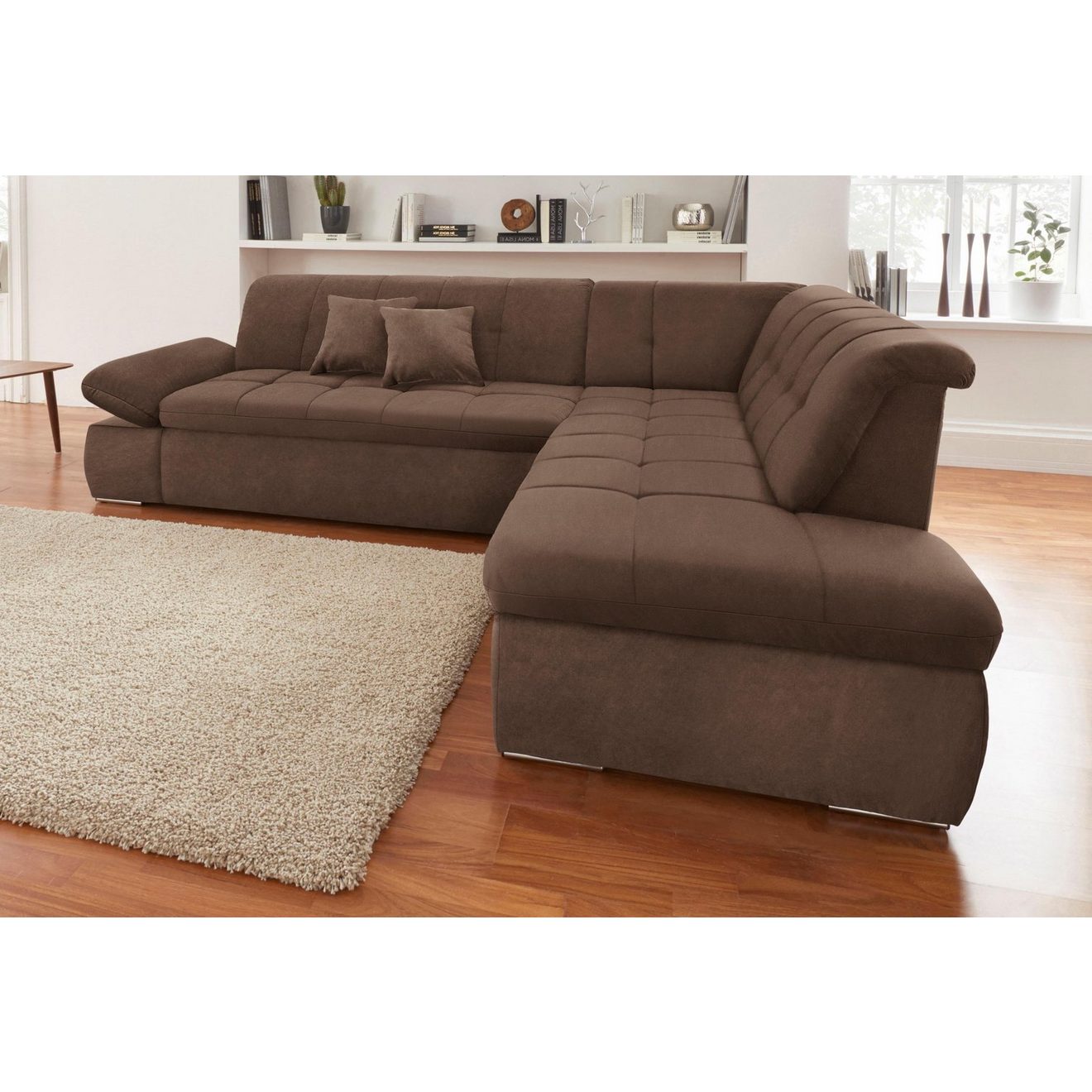 DOMO collection Hoekbank NMoric incl. decoratiekussen B/D/H: 273/216/80 cm L-vorm Ottoman aan uiteinde, optioneel met slaapbank functie en verstelling armleuning