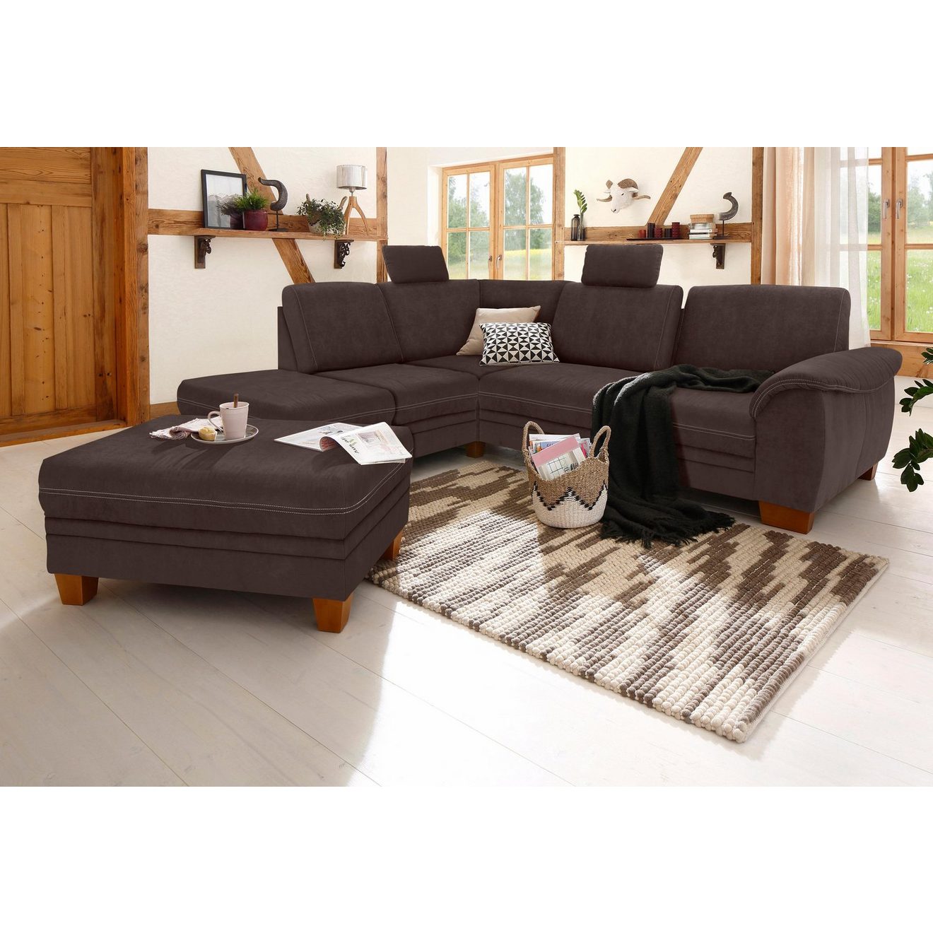 Home affaire Hoekbank Husum L-vorm met zitdiepteverstelling, binnenveringsinterieur en contrastnaad
