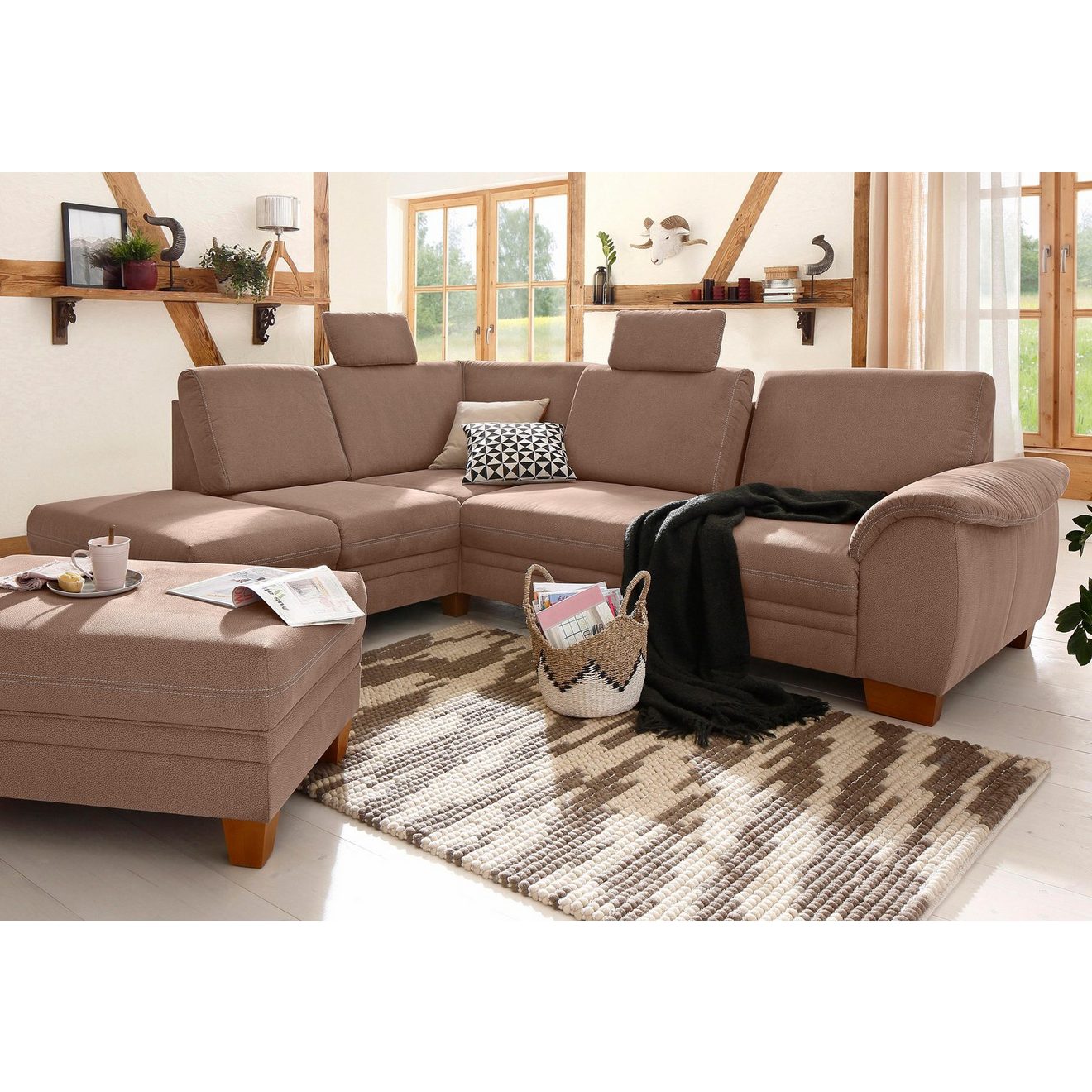 Home affaire Hoekbank Husum L-vorm met zitdiepteverstelling, binnenveringsinterieur en contrastnaad