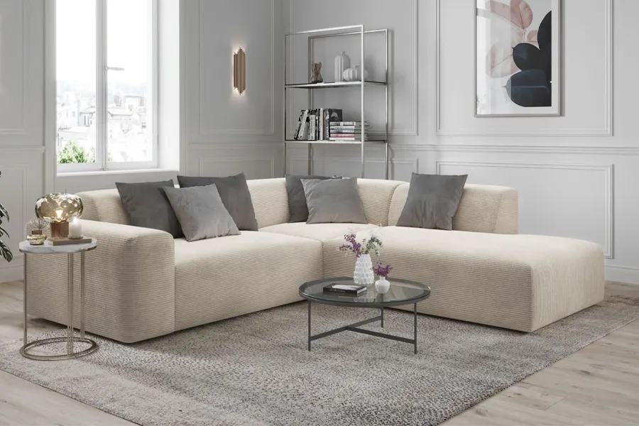 WOONENZO Hoekbank Zeus - ribstof beige - rechts
