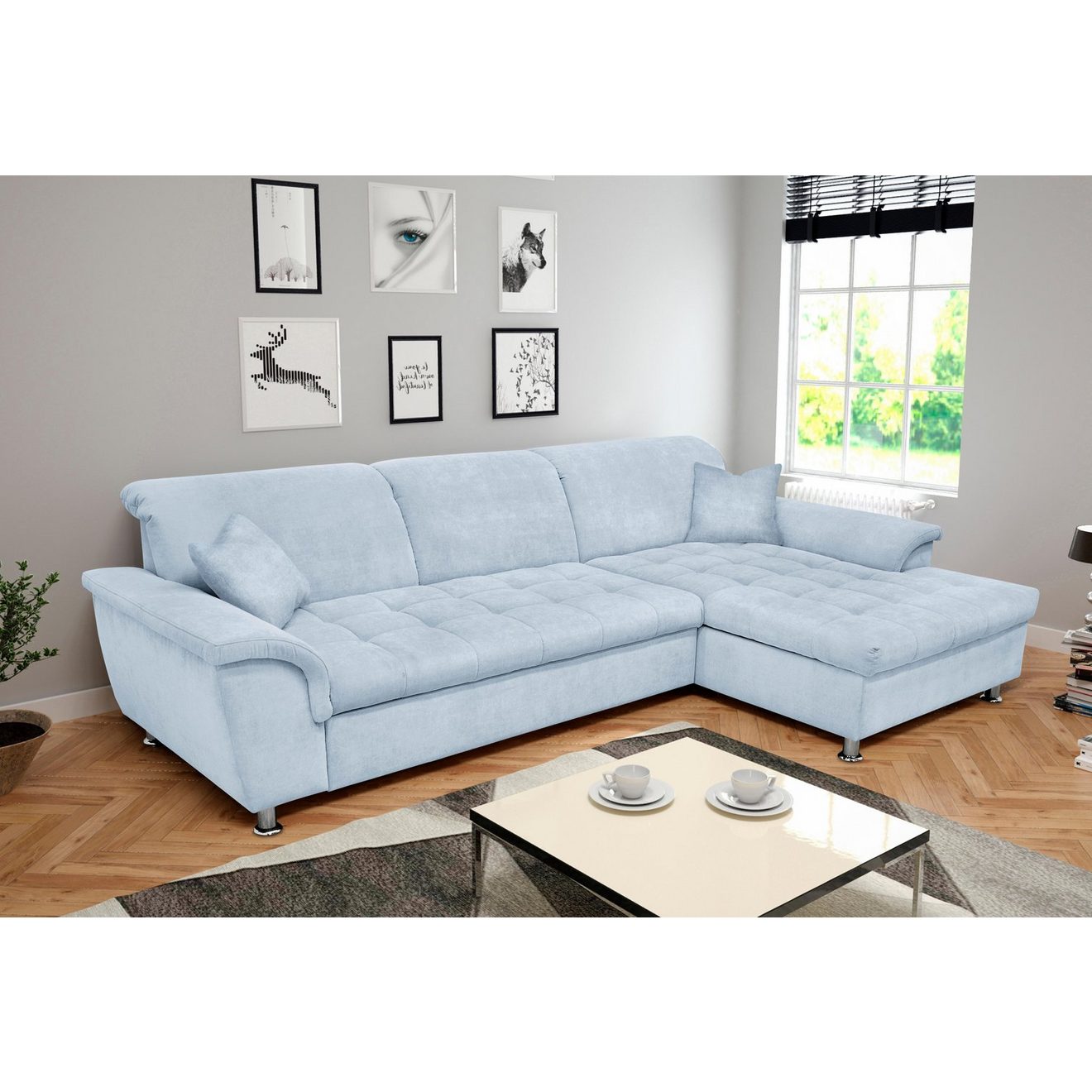 DOMO collection Hoekbank Franzi stiksels op de zitting B7T/H: 278x162x80 cm, L-model naar keuze met slaapfunctie, bedkist en verstelbare hoofdsteun