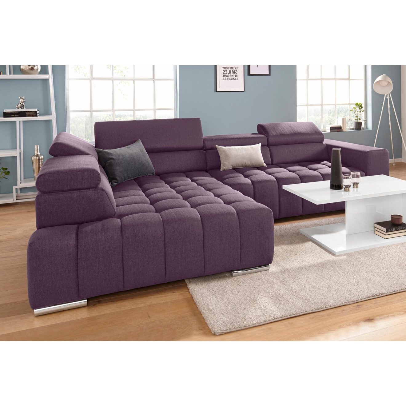 Exxpo - sofa fashion Hoekbank Elias, actuele kruissteek in de zitting, comfortabel, L-vorm met verstelbare hoofdsteun resp. rugleuning, naar keuze met slaapfunctie