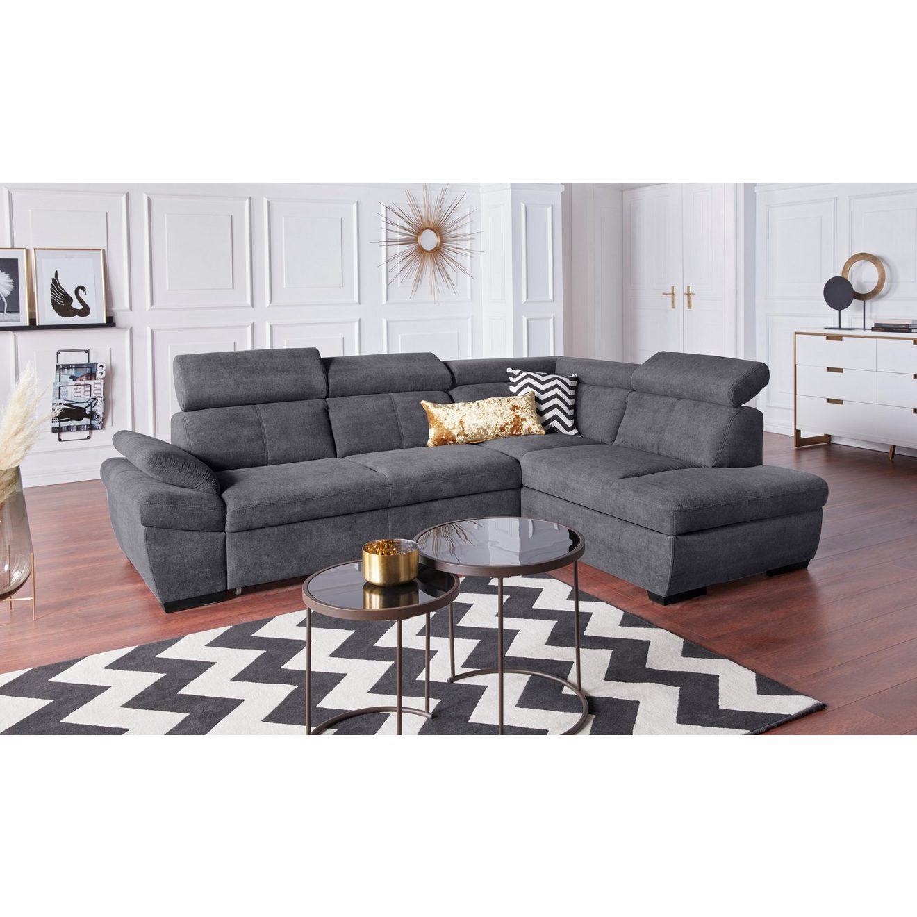 Exxpo - sofa fashion Hoekbank Salerno, klassieke moderne functionele bank, hoog zitcomfort, L-vorm inclusief verstelbare hoofdsteun en armleuning, naar keuze met slaapfunctie