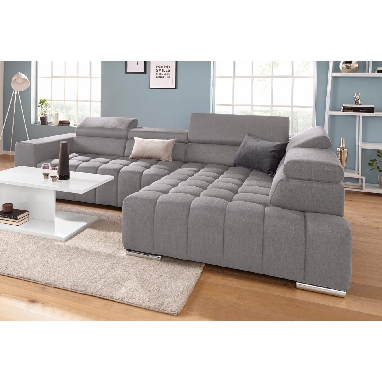 Exxpo - sofa fashion Hoekbank Elias, actuele kruissteek in de zitting, comfortabel, L-vorm met verstelbare hoofdsteun resp. rugleuning, naar keuze met slaapfunctie