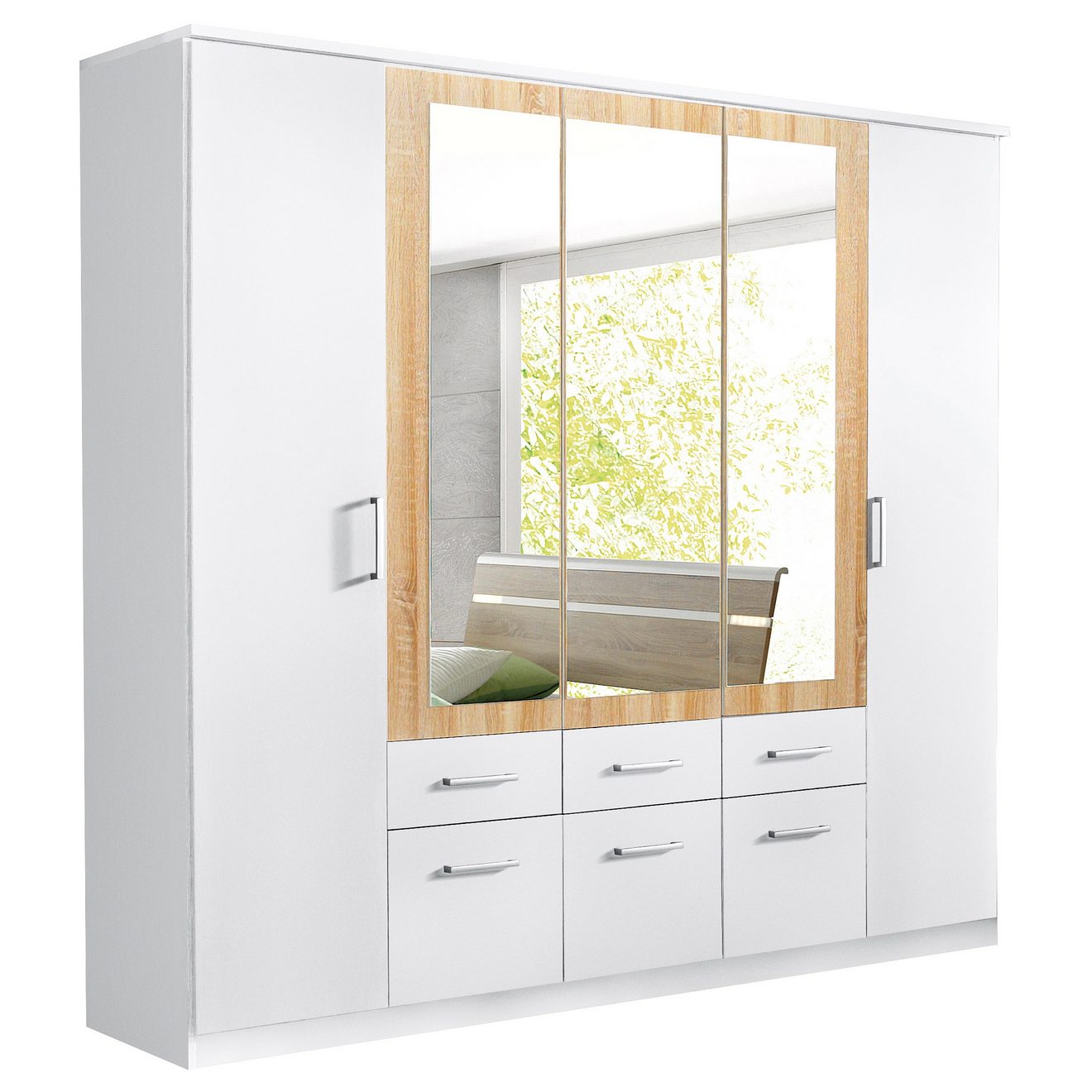 Rauch Kledingkast Draai-deurkast Garderobe BURANO met lades en spiegelomranding in kleuraccent made in germany