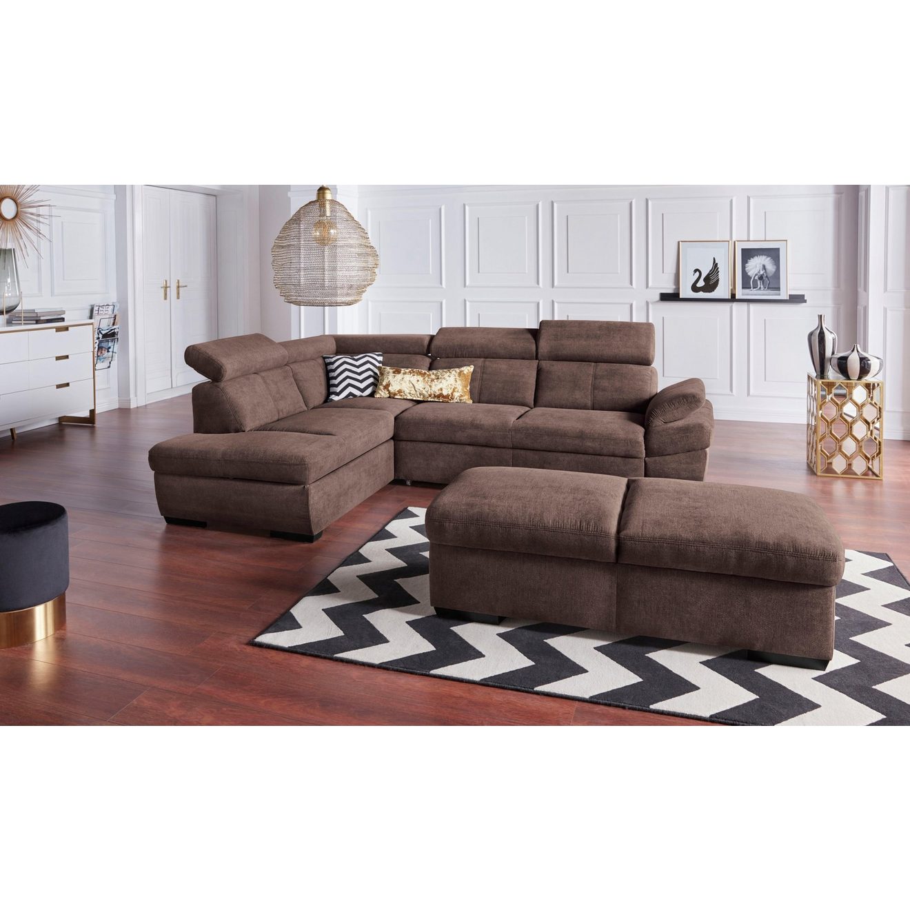 Exxpo - sofa fashion Hoekbank Salerno, klassieke moderne functionele bank, hoog zitcomfort, L-vorm inclusief verstelbare hoofdsteun en armleuning, naar keuze met slaapfunctie